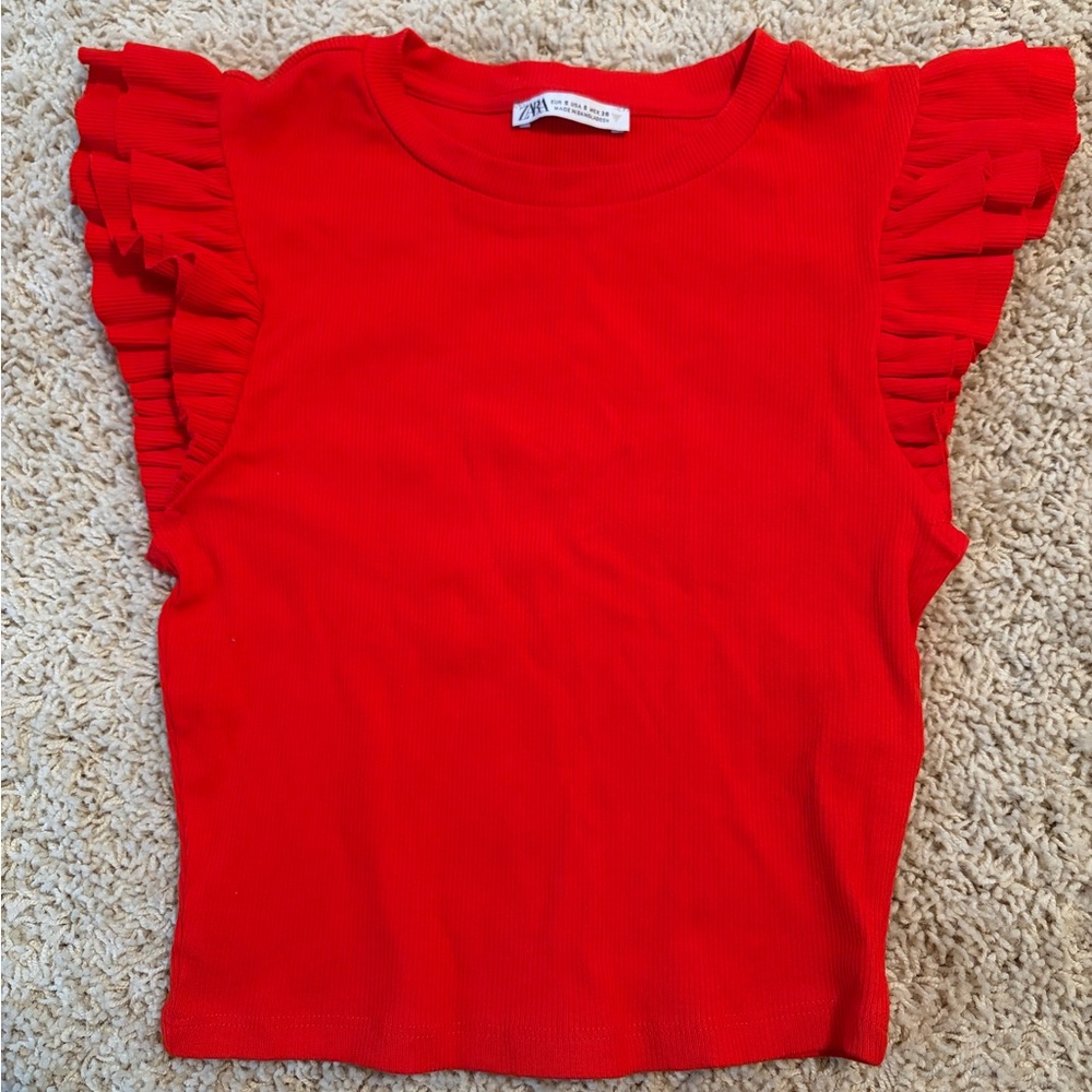 Zara Bright Red Ribbed Tank with Ruffle Sleeves